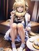 A girl sitting on a table with a plate of food.