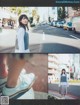 A woman standing on the side of a street next to a pair of shoes.