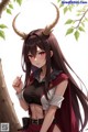 A girl with horns sitting on a tree branch.